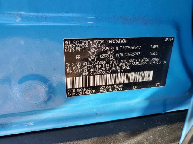 JTMP1RFV0KD030243 - 2019 TOYOTA RAV4 XLE BLUE photo 12