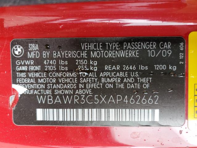 WBAWR3C5XAP462662 - 2010 BMW 328 I SULEV RED photo 12