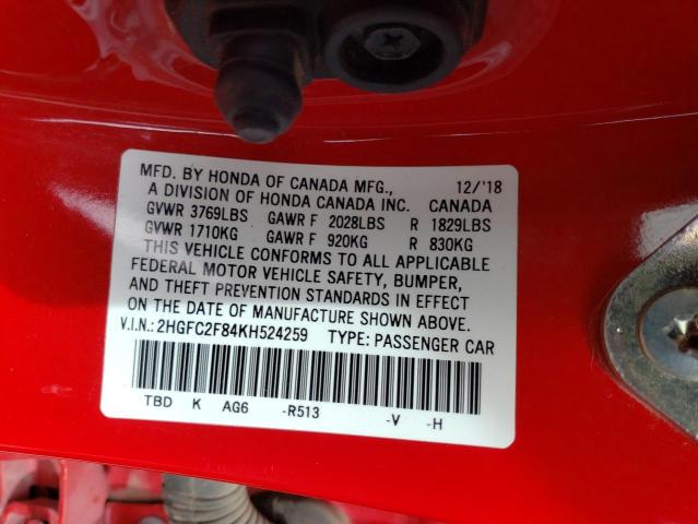 2HGFC2F84KH524259 - 2019 HONDA CIVIC SPORT 红色 照片 12