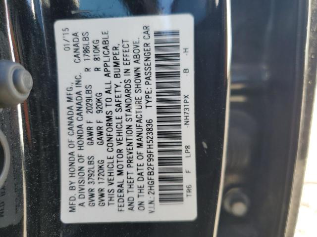 2HGFB2F99FH523836 - 2015 HONDA CIVIC EXL შავი ფოტო 12