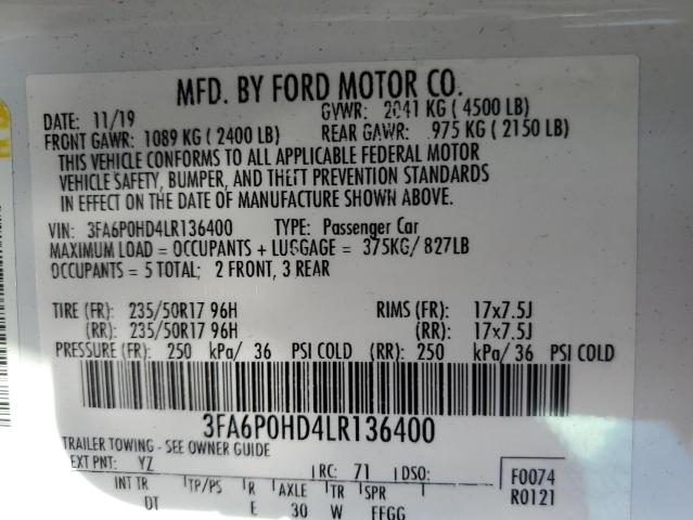 3FA6P0HD4LR136400 - 2020 FORD FUSION SE WHITE photo 12