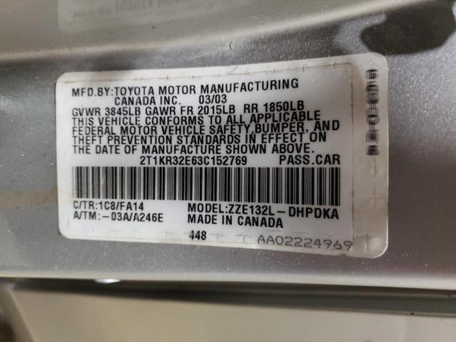 2T1KR32E63C152769 - 2003 TOYOTA COROLLA MA XR SILVER photo 12