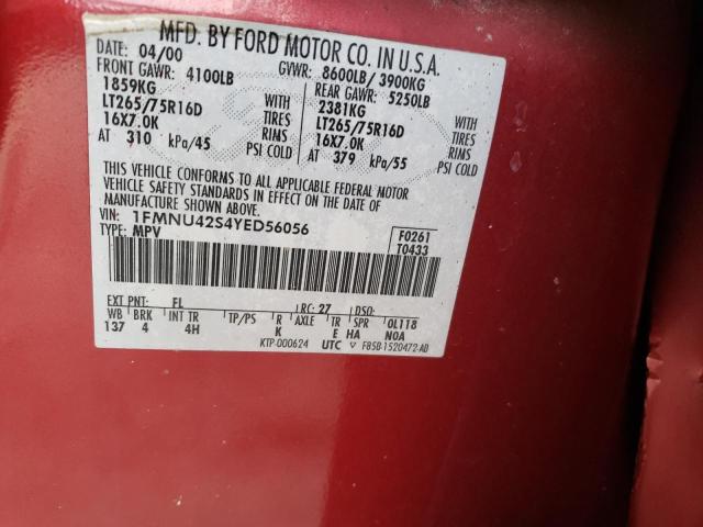1FMNU42S4YED56056 - 2000 FORD EXCURSION LIMITED RED photo 13