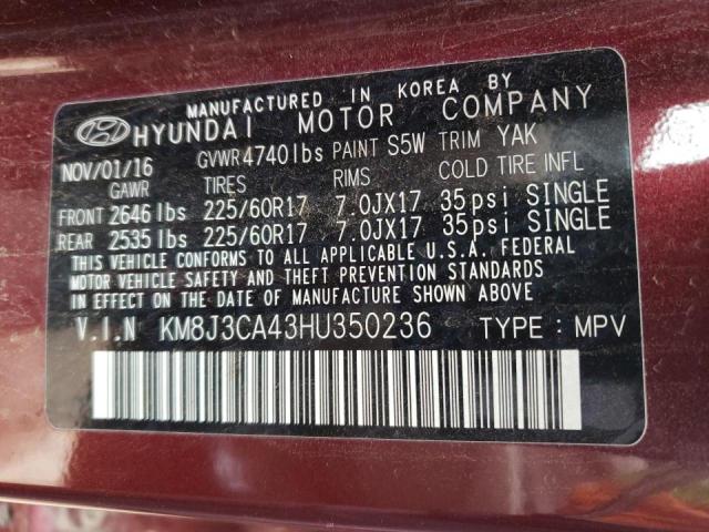 KM8J3CA43HU350236 - 2017 HYUNDAI TUCSON LIMITED MAROON photo 13