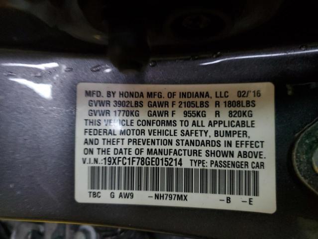 19XFC1F78GE015214 - 2016 HONDA CIVIC EXL ნაცრისფერი ფოტო 12