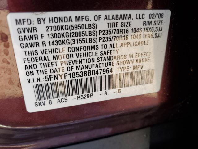 5FNYF18538B047964 - 2008 HONDA PILOT EXL BURGUNDY photo 13