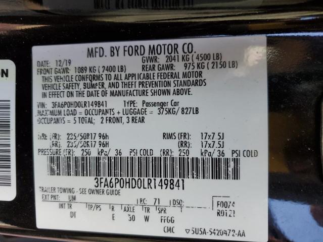 3FA6P0HD0LR149841 - 2020 FORD FUSION SE BLACK photo 13