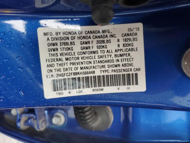 2HGFC2F88KH566448 - 2019 HONDA CIVIC SPORT BLUE photo 12