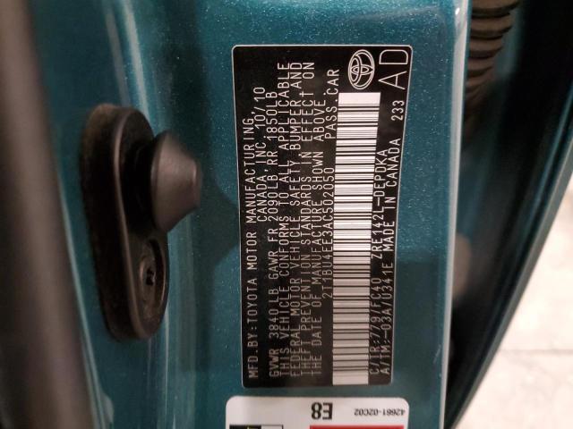 2T1BU4EE3AC502050 - 2010 TOYOTA CORROLLA BASE TEAL photo 12