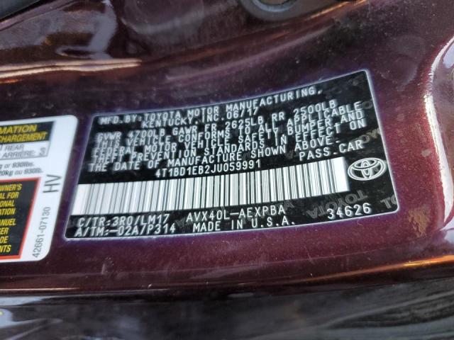 4T1BD1EB2JU059991 - 2018 TOYOTA AVALON HYBRID MAROON photo 13