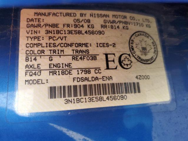 3N1BC13E58L456090 - 2008 NISSAN VERSA S BLUE photo 12