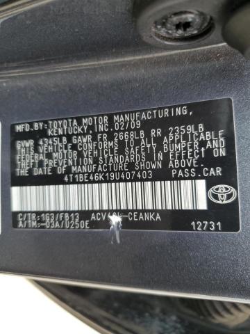 4T1BE46K19U407403 - 2009 TOYOTA CAMRY BASE GRAY photo 12