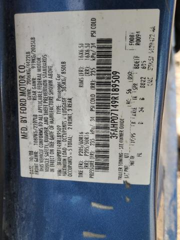 3FAHP07149R189509 - 2009 FORD FUSION SE BLUE photo 12