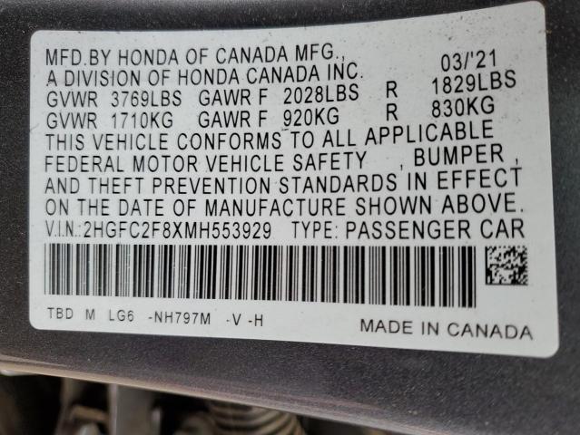 2HGFC2F8XMH553929 - 2021 HONDA CIVIC SPORT Grau Foto 12