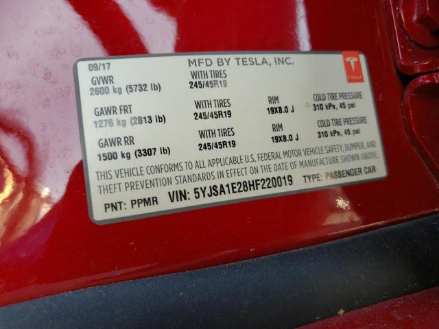 5YJSA1E28HF220019 - 2017 TESLA MODEL S Qırmızı foto 12