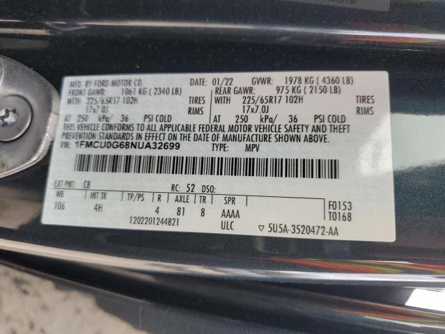 1FMCU0G68NUA32699 - 2022 FORD ESCAPE SE BLACK photo 12