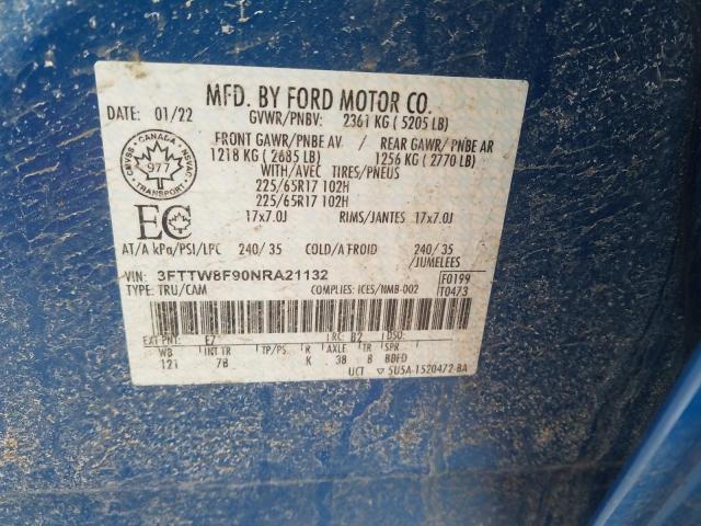 3FTTW8F90NRA21132 - 2022 FORD MAVERICK XL BLUE photo 12