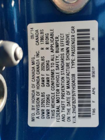 2HGFB2F97FH504038 - 2015 HONDA CIVIC EXL ლურჯი ფოტო 12