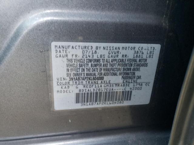 3N1AB7AP2KL604080 - 2019 NISSAN SENTRA S GRAY photo 12