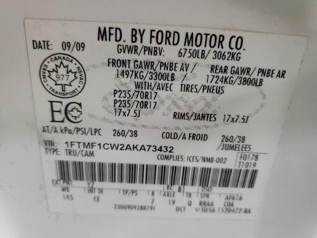 1FTMF1CW2AKA73432 - 2010 FORD F150 WHITE photo 13