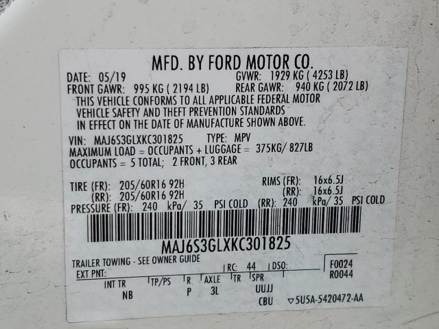 MAJ6S3GLXKC301825 - 2019 FORD ECOSPORT SE 白色 照片 13