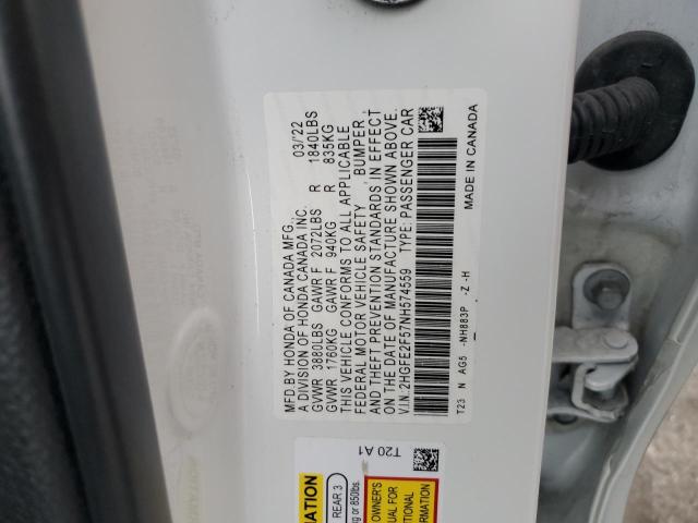 2HGFE2F57NH574559 - 2022 HONDA CIVIC SPORT WHITE photo 12