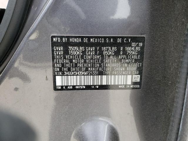 3HGGK5H05KM721331 - 2019 HONDA FIT EXL GRAY photo 12