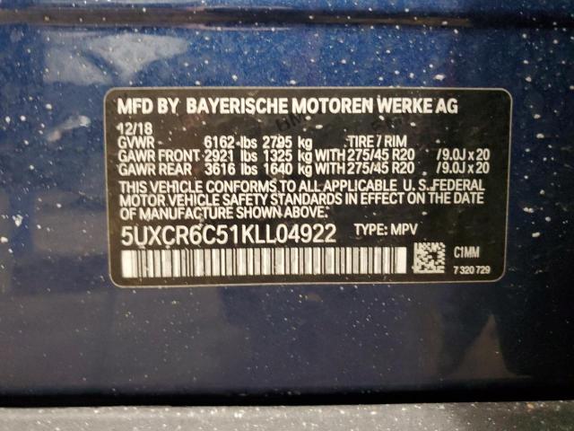 5UXCR6C51KLL04922 - 2019 BMW X5 XDRIVE40I BLUE photo 13