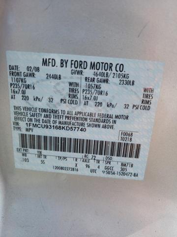 1FMCU93168KD57740 - 2008 FORD ESCAPE XLT SILVER photo 12