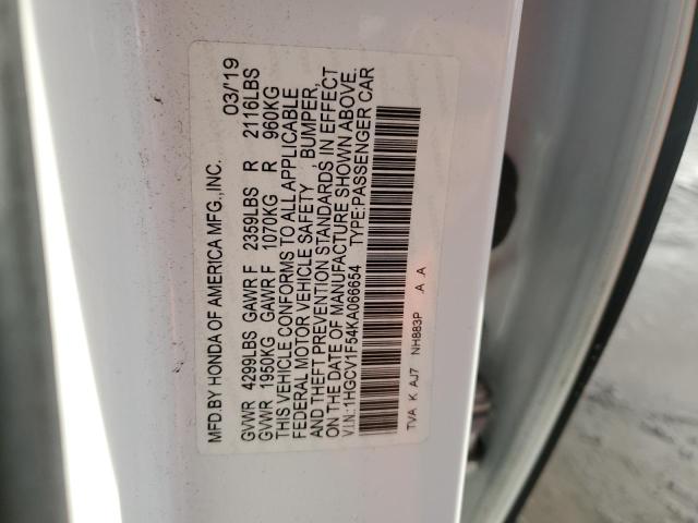 1HGCV1F54KA066654 - 2019 HONDA ACCORD EXL WHITE photo 12