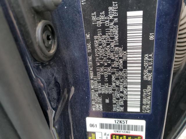 5TFUM5F10BX019533 - 2011 TOYOTA TUNDRA DOUBLE CAB SR5 BLUE photo 12