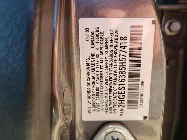 2HGES16385H577418 - 2005 HONDA CIVIC DX VP GRAY photo 13