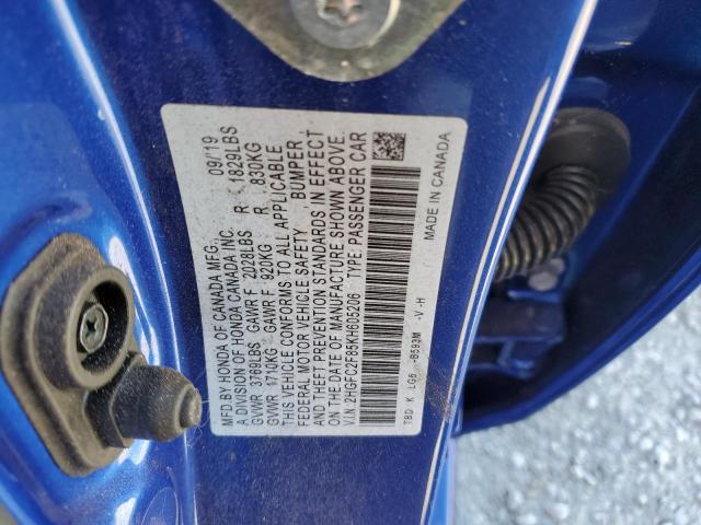 2HGFC2F85KH605206 - 2019 HONDA CIVIC SPORT 蓝色 照片 12