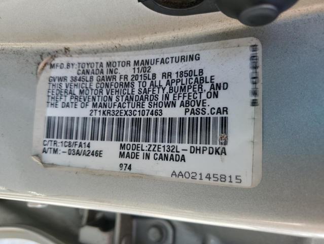 2T1KR32EX3C107463 - 2003 TOYOTA COROLLA MA XR SILVER photo 12