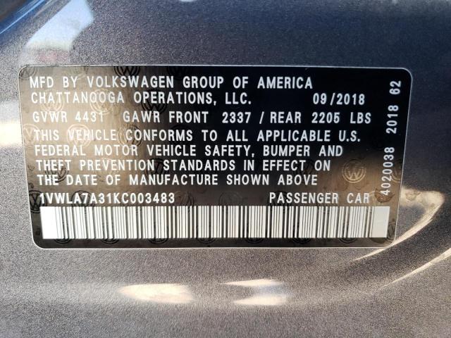 1VWLA7A31KC003483 - 2019 VOLKSWAGEN PASSAT WOLFSBURG GRAY photo 12