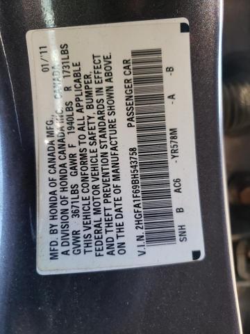 2HGFA1F69BH543758 - 2011 HONDA CIVIC LX-S Մոխրագույն լուսանկար 12