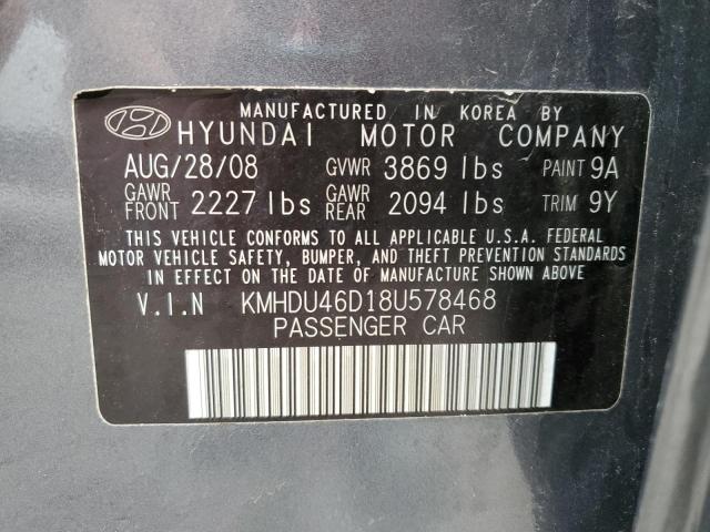 KMHDU46D18U578468 - 2008 HYUNDAI ELANTRA GLS GRAY photo 12