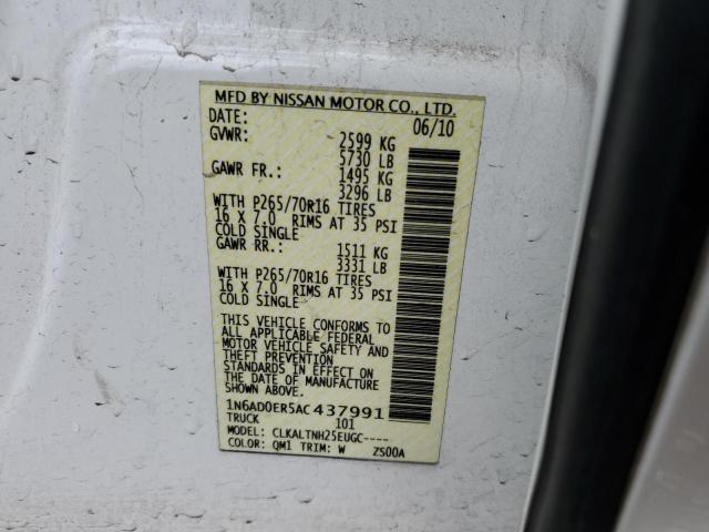 1N6AD0ER5AC437991 - 2010 NISSAN FRONTIER CREW CAB SE WHITE photo 12