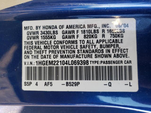 1HGEM22104L069398 - 2004 HONDA CIVIC DX VP Mavi foto 13