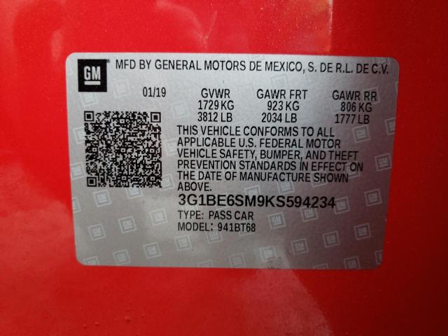 3G1BE6SM9KS594234 - 2019 CHEVROLET CRUZE LT RED photo 12