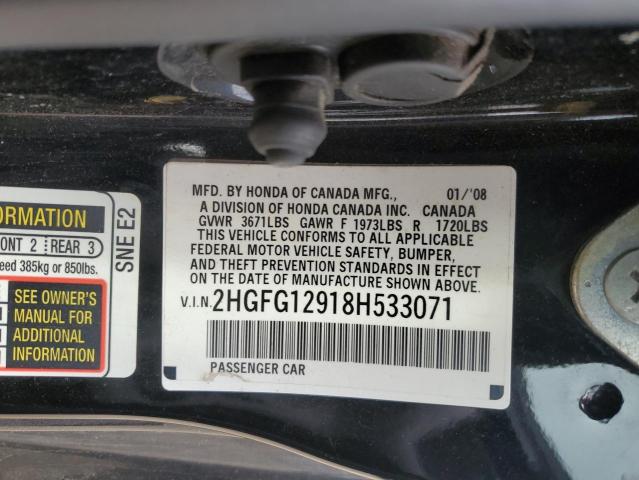 2HGFG12918H533071 - 2008 HONDA CIVIC EXL BLACK photo 12