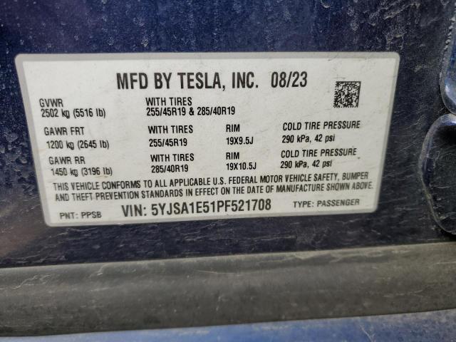 5YJSA1E51PF521708 - 2023 TESLA MODEL S ლურჯი ფოტო 12