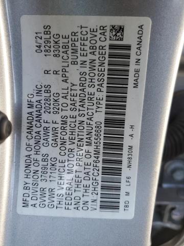 2HGFC2F64MH556680 - 2021 HONDA CIVIC LX SILVER photo 12