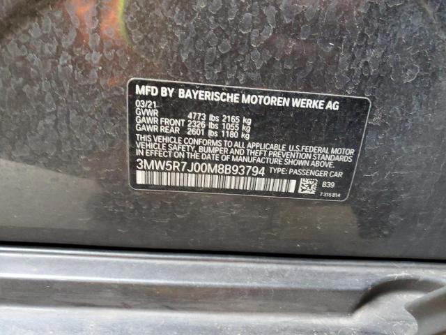 3MW5R7J00M8B93794 - 2021 BMW 330XI GRAY photo 12