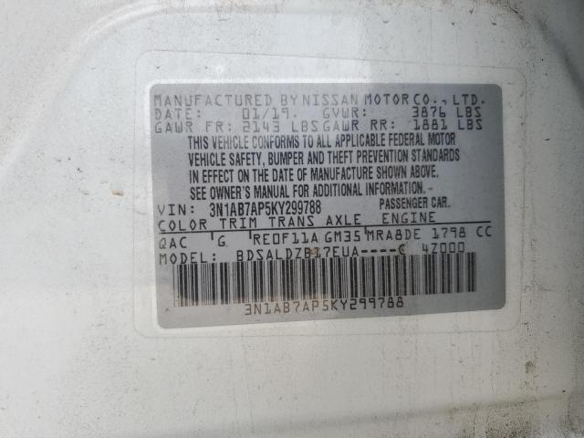 3N1AB7AP5KY299788 - 2019 NISSAN SENTRA S WHITE photo 12