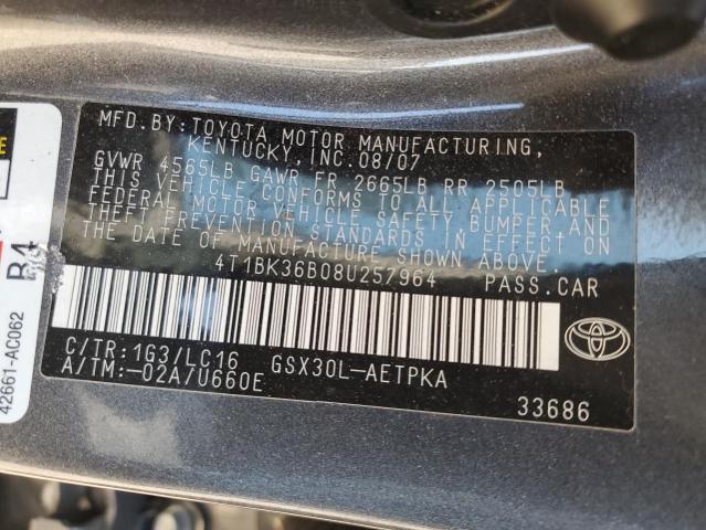 4T1BK36B08U257964 - 2008 TOYOTA AVALON XL GRAY photo 12