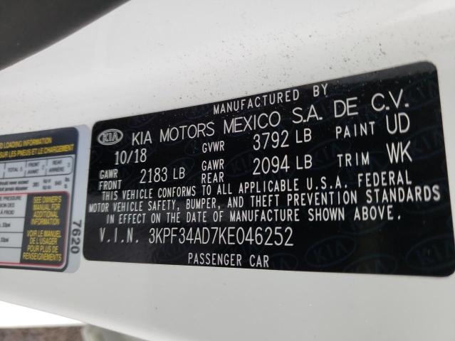 3KPF34AD7KE046252 - 2019 KIA FORTE GT LINE WHITE photo 12