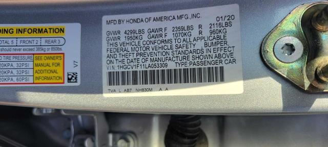 1HGCV1F11LA053309 - 2020 HONDA ACCORD LX GRAY photo 10