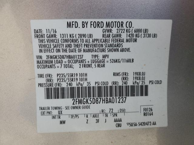 2FMGK5D87HBA01237 - 2017 FORD FLEX LIMITED SILVER photo 13