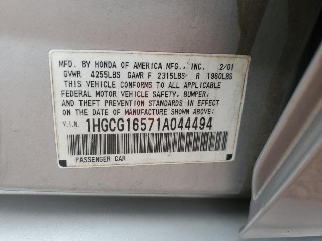 1HGCG16571A044494 - 2001 HONDA ACCORD EX GRAY photo 12